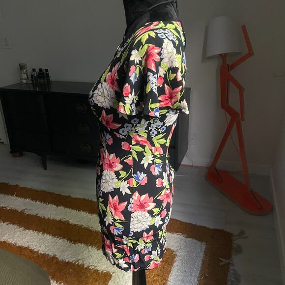 Vintage Betsey Johnson Size Medium Y2K 1990's Floral Mini Dress Black V Neck - Picture 4 of 10
